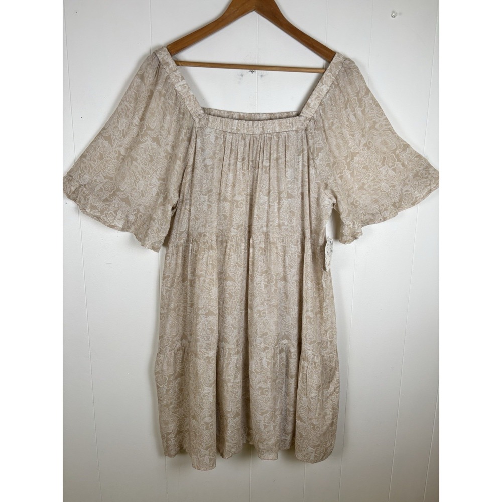 Naif‎ Women XL Tiered Dress Boho Peasant Tan Floral Paisley Lined Cottage NWT
